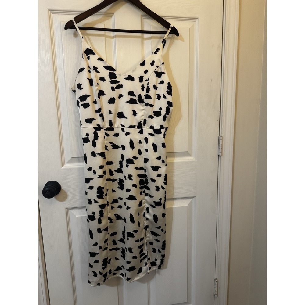 Women's Summer Midi Dress Large Spaghetti Black and White Abstract Print